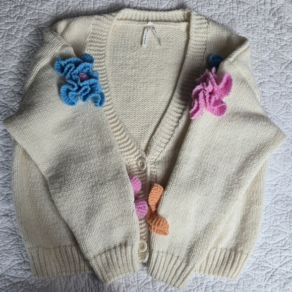 Dreamers Cream Knit Cardigan With Colorful Crochet 3D Flowers Sweater - Picture 10 of 14